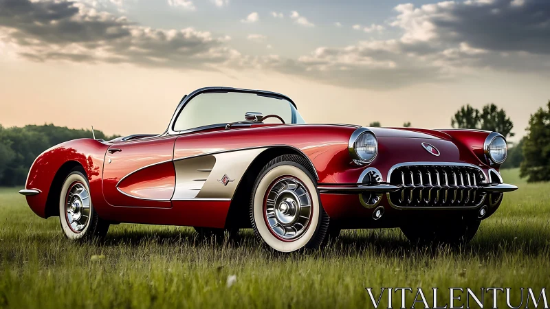 Red vintage convertible parked on grass at sunset period.