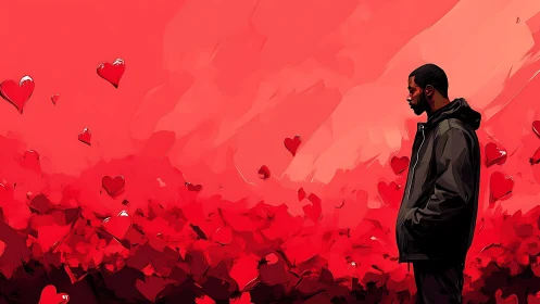 Man Standing Alone Amid Floating Hearts in Red