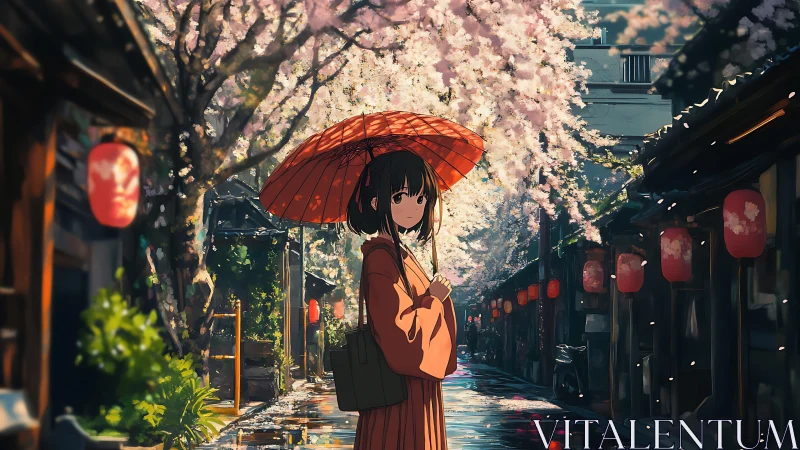 Lantern-lit alleyway stroll beneath drifting sakura petals.