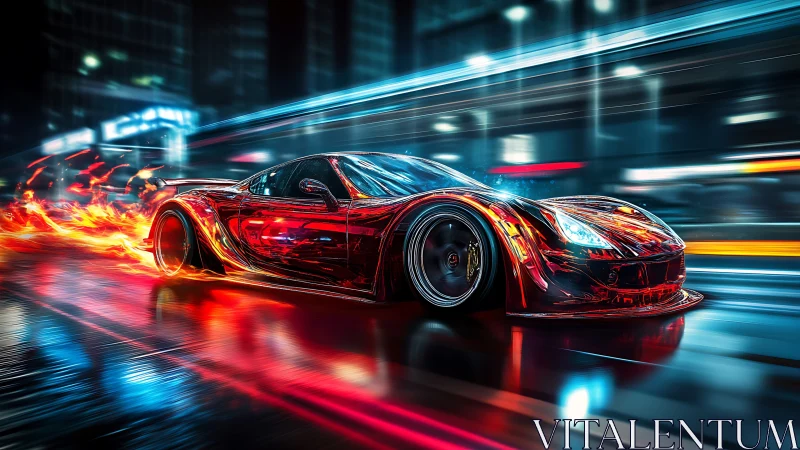 Hyperdynamic neon supercar with combustive motion trails.