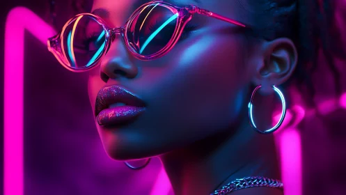 Neon-drenched gaze carves a cool horizon through pink chrome