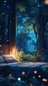 Cozy forest bedroom opens to a dreamy starlit nightscape.