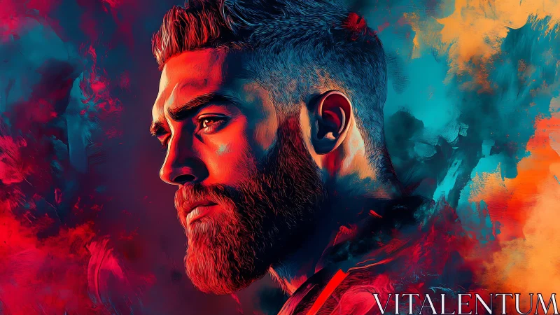 Neon-lit male portrait in duotone teal and crimson spectrum