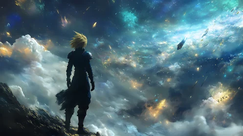 Solitary armored figure surveys luminous cosmic cloudscape horizon