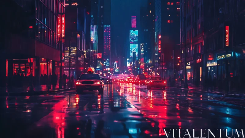 Neon-saturated rain street with taxis under diffuse city glow.