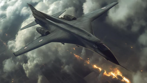 Steel-winged shadow slices storm clouds above burning earth