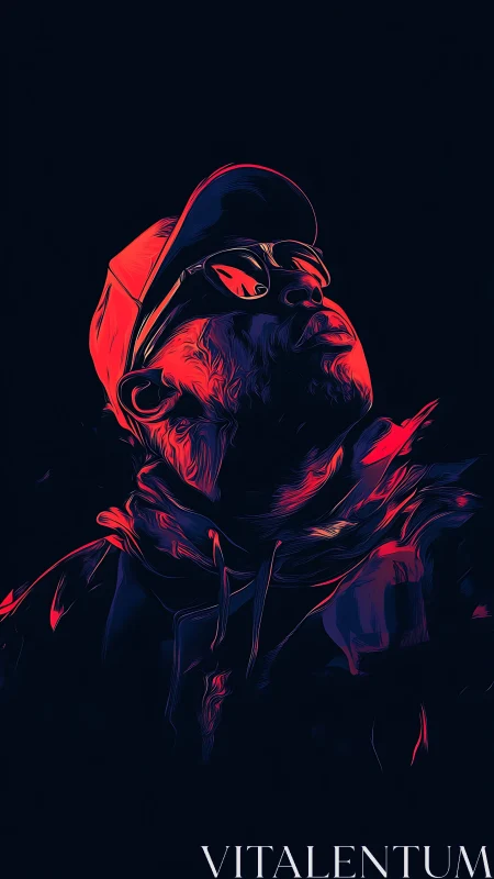 Neon-contoured portrait of hooded figure in upward gaze.