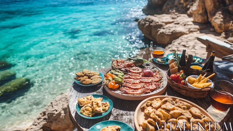 Seafood feast spreads across rustic table by turquoise bay.