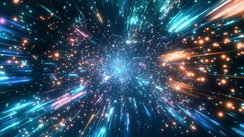 Starfield tunnel with blue and orange light streaks.