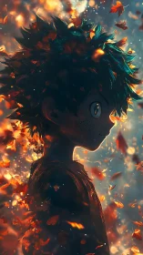 Autumn-lit anime boy in glowing leaves silhouette profile.