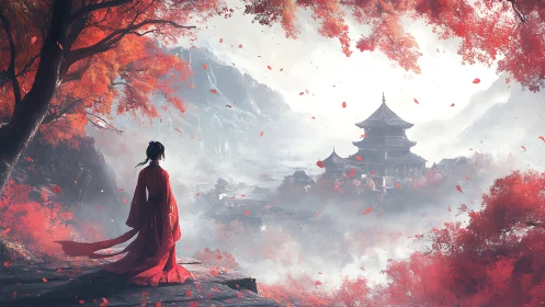 Scarlet-robed wanderer gazes toward mist-veiled mountain temple.