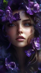 Hyperreal female portrait framed by violet florals and soft bokeh