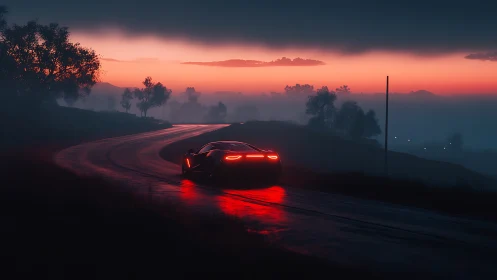 Neon-tailed supercar traces firelight across a misty dusk road