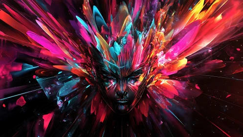 Radiant cosmic face emerging from a burst of bright color.