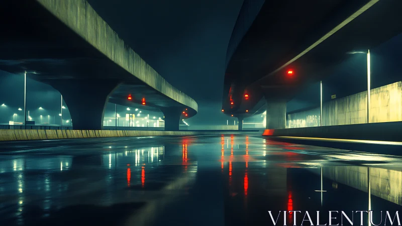 Moody elevated highway glows above a rain-soaked city night