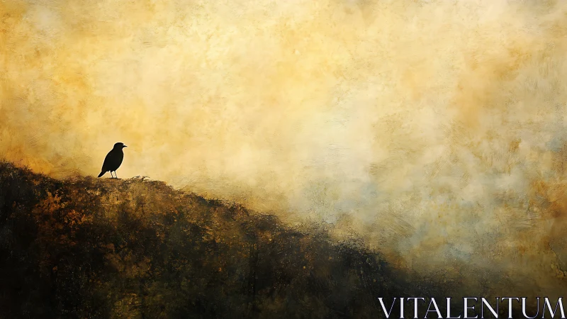 Solitary crow stands against a vast golden sky at dusk.