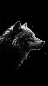 Lone wolf profile glows in dramatic monochrome night scene.