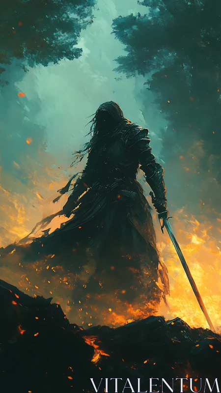 Dark armored figure stands amid rising flames in forest