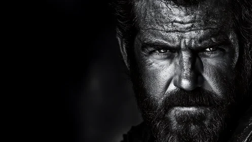 Monochrome close-up portrait of bearded middle-aged man.