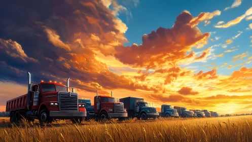 Line of freight trucks in grain field under sunset sky.