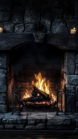 Stone Hearth's Amber Dance: Firelight Warms Medieval Sanctuary