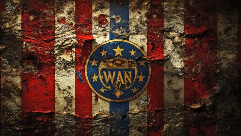 Heavily weathered striped wall with central circular crest emblem