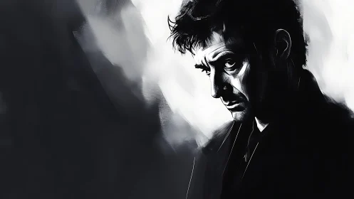 Moody monochrome portrait of man in dramatic lighting.