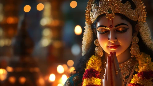 Golden-eyed goddess in candlelit prayer and fragrant garlands.