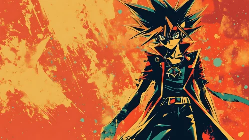 Dynamic spiky-haired anime duelist on grunge orange backdrop.