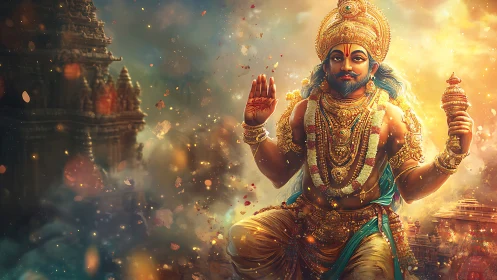 Radiant temple guardian in swirling golden devotion.