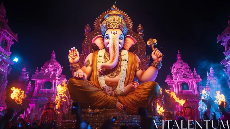 Radiant Ganesha idol amid neon-lit temple flames at night.