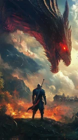 Armored warrior confronts colossal fire dragon over ruins.