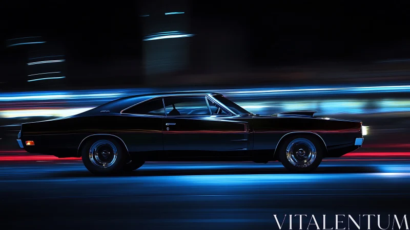 Muscle car cuts through neon city lights in night motion