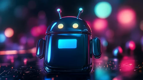 Chrome robot stands on circuit board amid neon bokeh lights