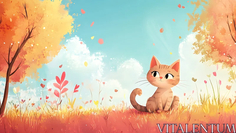 Digital Illustration: Cat in Autumn Landscape with Falling Leaves