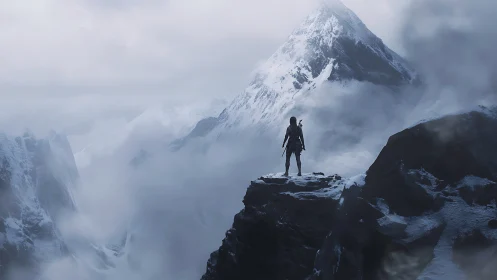 Lone adventurer confronts a towering, storm-shrouded peak