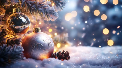 Glowing Christmas baubles rest in snowy, softly lit branches