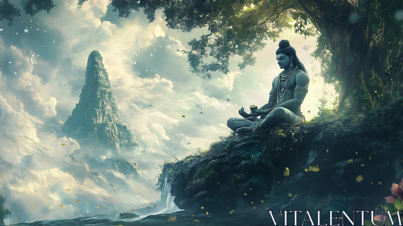 Meditating blue deity figure on cliff in misty mountain valley.