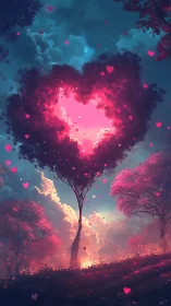 Glowing Heart Tree Against Teal Sky.