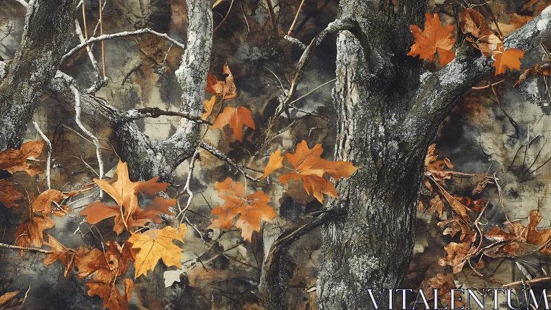 Tree trunks and orange leaves form dense autumn woodland scene