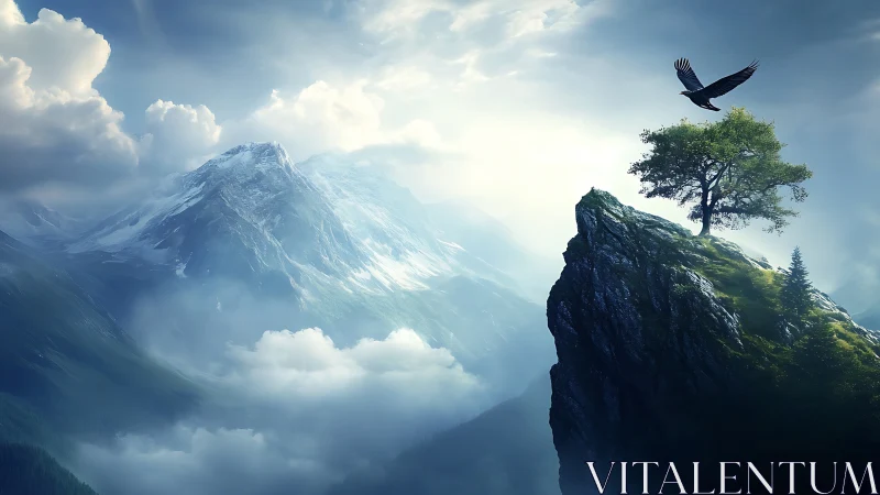 Eagle soars above lone cliff tree in misty alpine light.