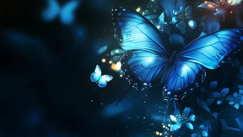 Luminous blue butterflies drift gently through a dreamy night garden