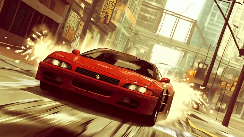 Red sports car drifts through wet city street at high speed