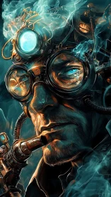 Steampunk technician portrait with goggles and dense vapor.
