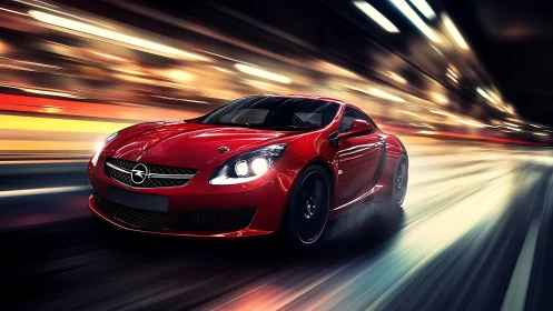 High-velocity red sports coupe in dynamic motion blur environment.