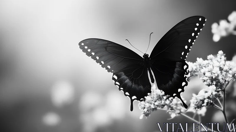 Monochrome macro of swallowtail butterfly on flowering stem