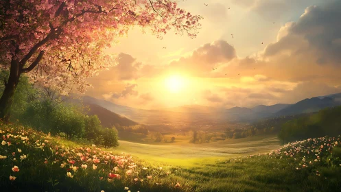 Sunlit valley landscape with blossoms and distant hills.