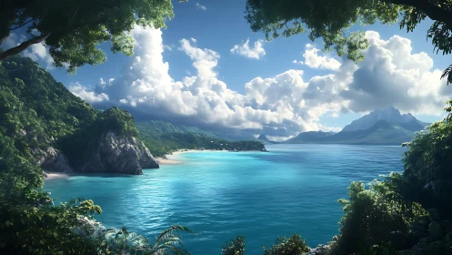 Tropical Island Paradise Framed by Lush Vegetation.