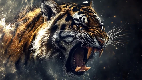 Roaring tiger portrait with intense detail and motion blur.