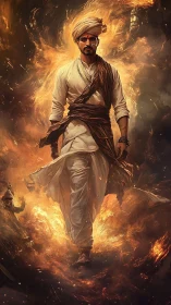 Warrior saint strides through blazing inferno of light.